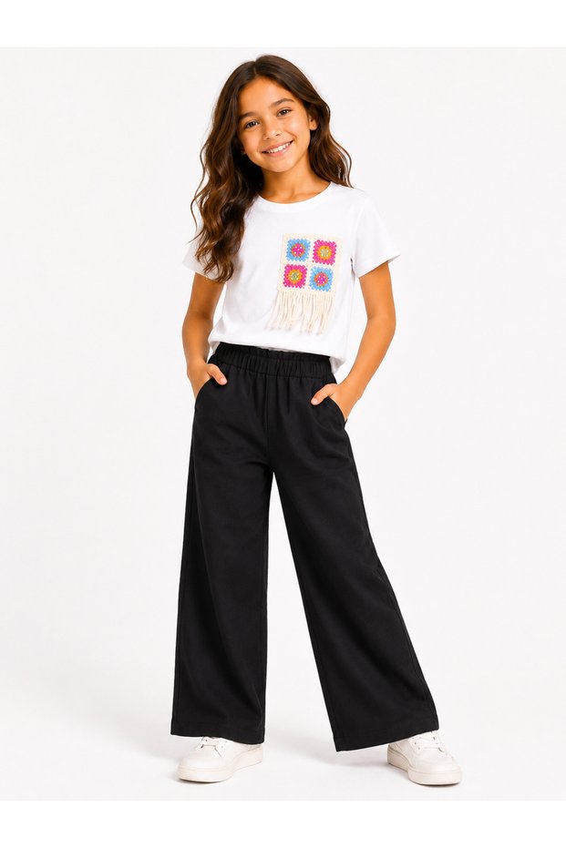 Girl's Colorful Knitted Detailed White T-Shirt and Wide-Leg Pants Summer Two-Piece Set