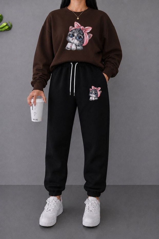 Unisex Wide Cut Zero Neck and Sweatpants Cat Print Set