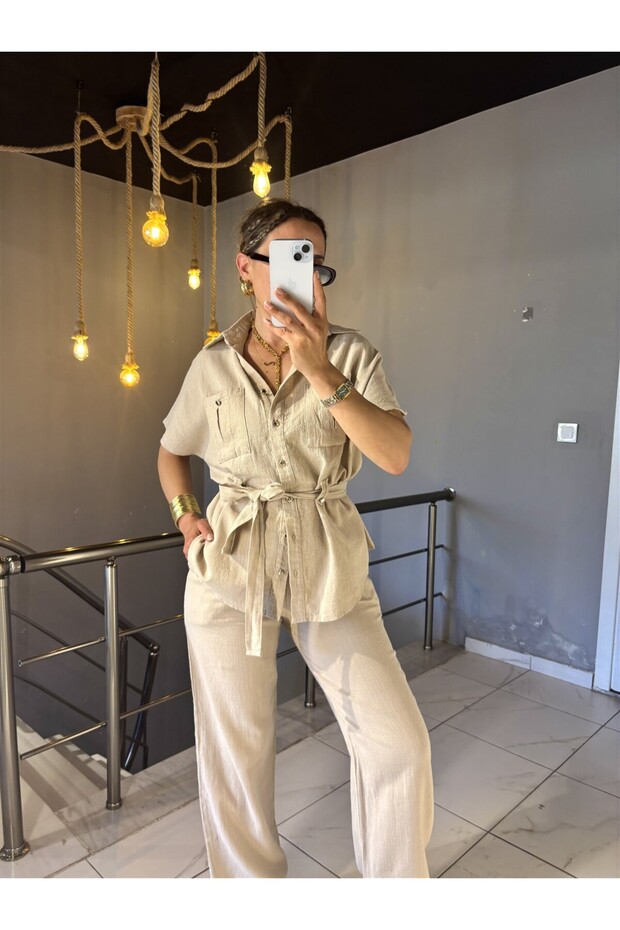 Women's White Color Flam Linen Safari Style Belted Shirt Pants Lower Top Linen Suit