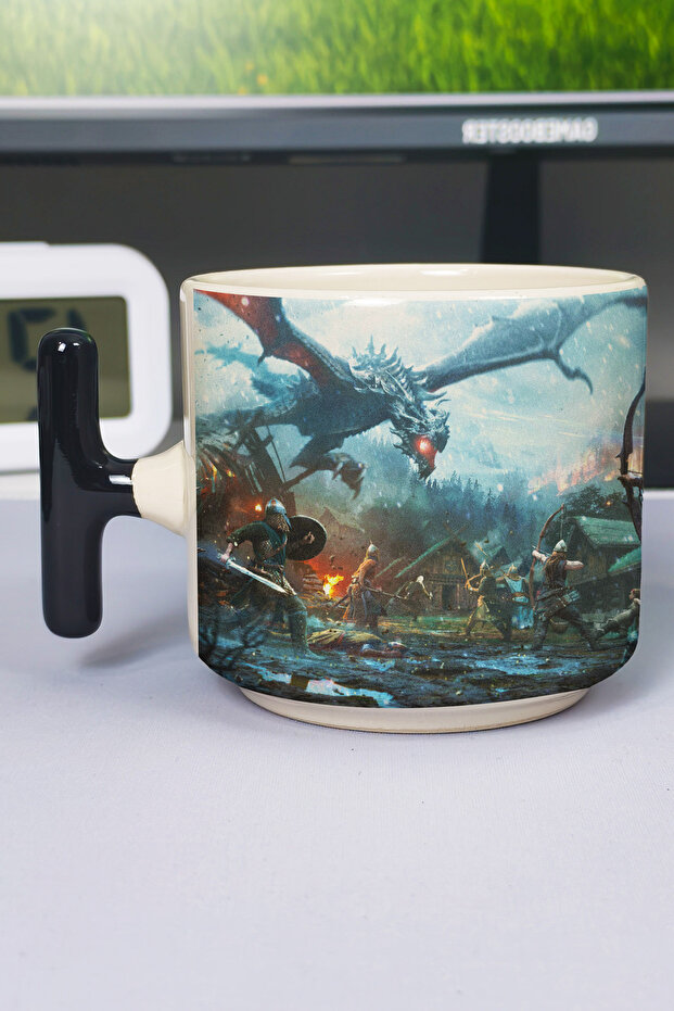 كوب سيراميك فاخر مطبوع عليه Skyrim (قطعة واحدة) بمقبض أسود خاص على شكل حرف T V5T