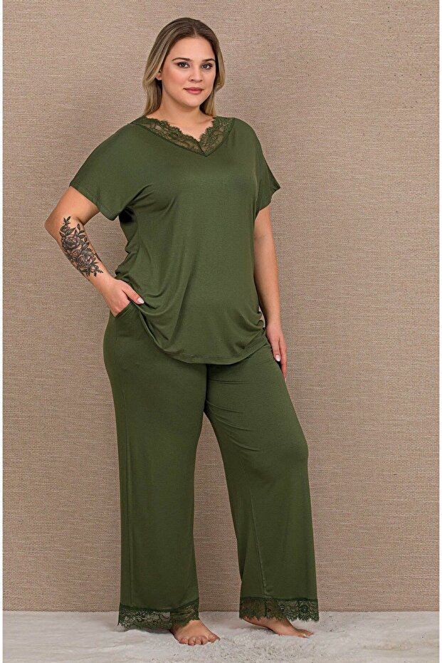 Large Size Khaki Green Short Sleeve Cotton Viscose Pajama Set