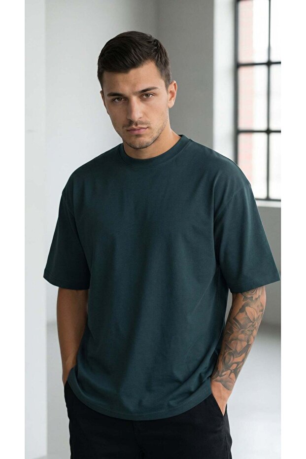 Men's oversized casual t-shirt - basic plain unprinted - dark petrol green