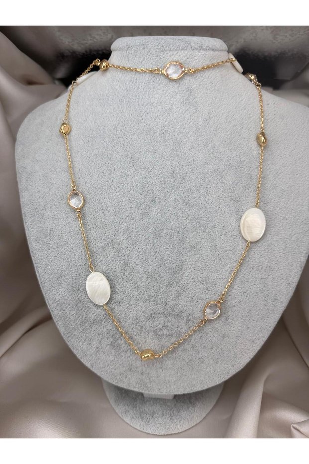 Stone Detailed Long Chain Necklace Gold Color Natural Looking Elegant Women's Necklace