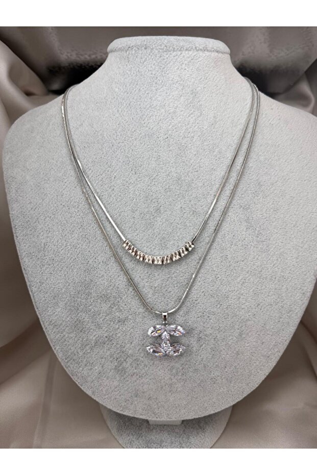 Silver Color Double Layer Zircon Stone Necklace Set Elegant Women's Necklace