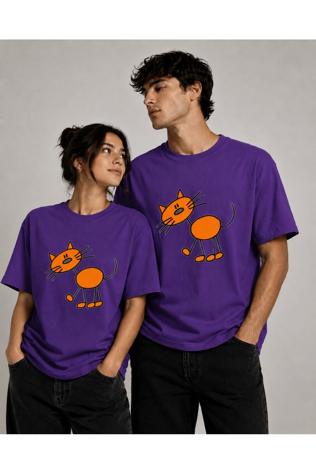 Unisex Oversize T-Shirt Orange Cat Printed 100% Cotton T-Shirt Comfortable Fit (Products Sold Individually)