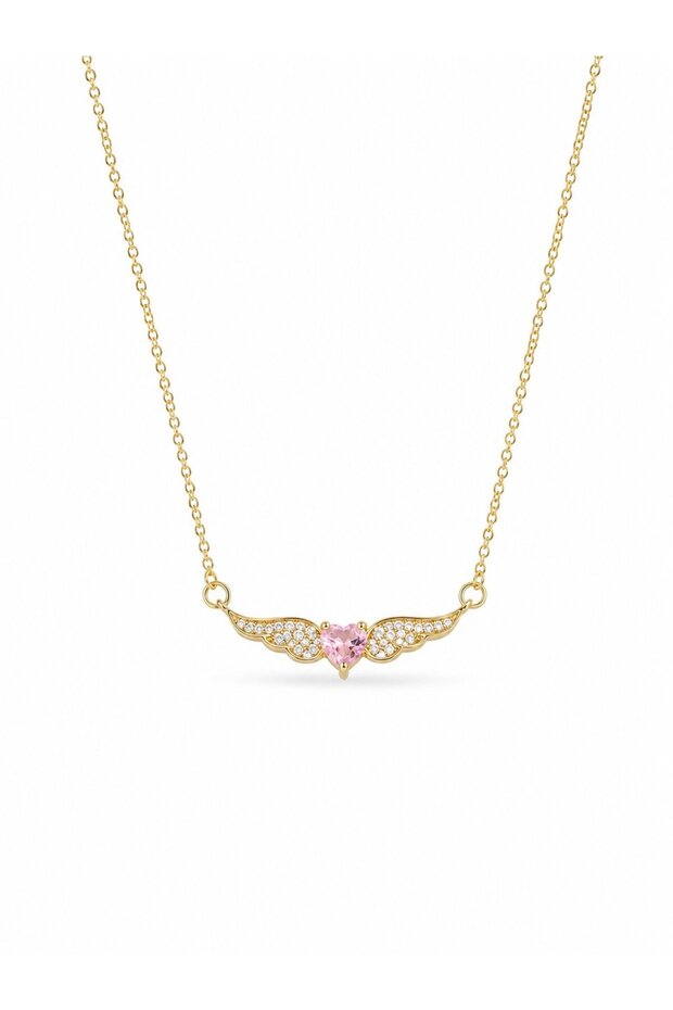 316L Steel Chain Gold Color Winged Pink Heart Model Women's Necklace | Elegant Design with Zircon Stone Detail