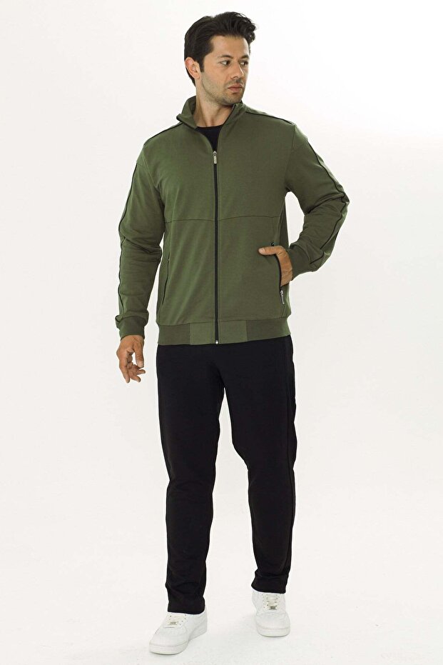 Men's Cotton Stripe Detailed Stand Collar Tracksuit Set Khaki-9524