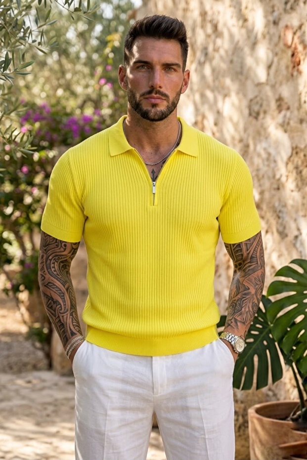 Men's Summer Knitwear Half-Collar Zippered T-Shirt