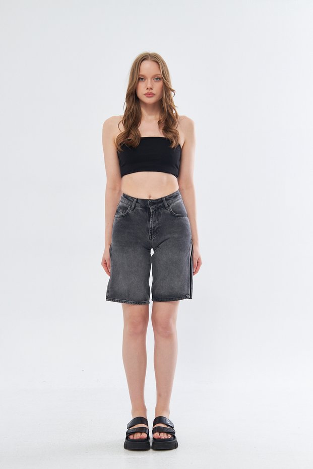 Women's Black Jean Shorts – 100% Cotton Denim with Side Slits Above the Knee