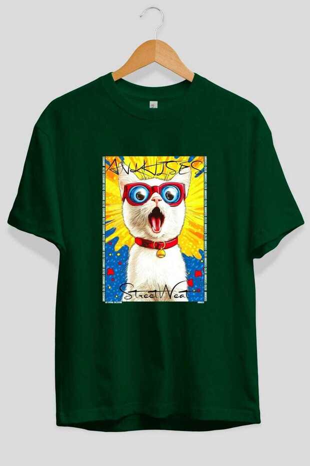 For the Love of Cats 56 Front Cat Printed Green Oversize T-Shirt 100% Cotton Unisex Cat Lover Premium Design