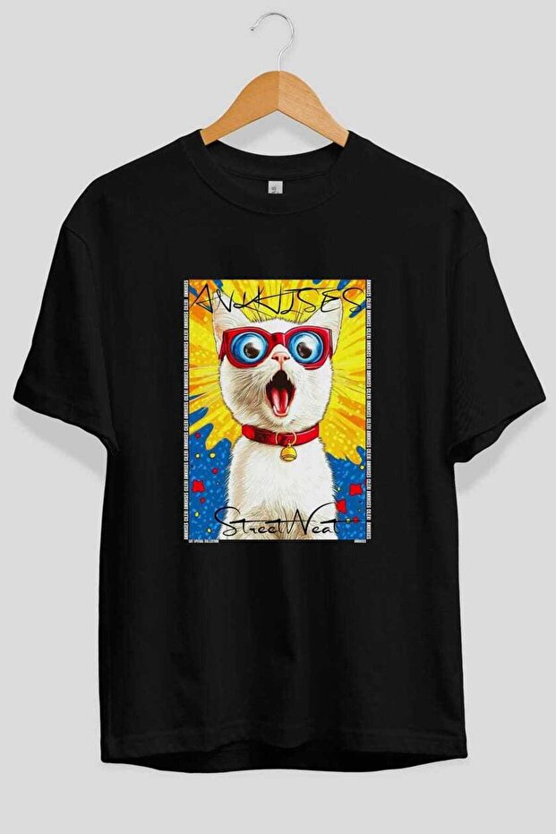 For the Love of Cats 56 Front Cat Printed Black Oversize T-Shirt 100% Cotton Unisex Cat Lover Premium Design
