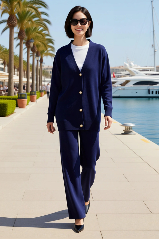 Women's Plus Size V-Neck Pearl Button Long Sleeve Knitwear Cardigan Wide Leg Pants Set Casual