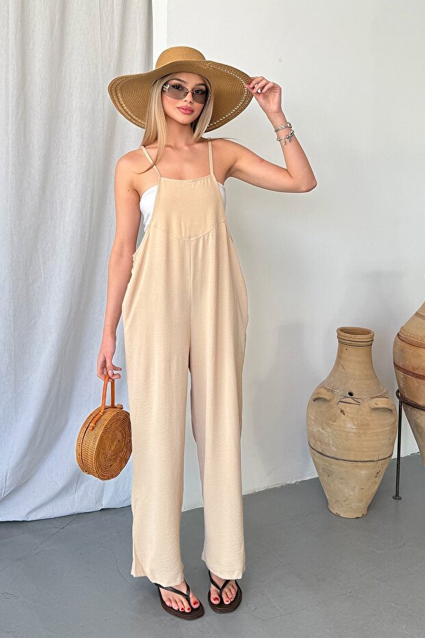 Women's Strappy Casual Design Aerobin Fabric Jumpsuit Stone - 7019