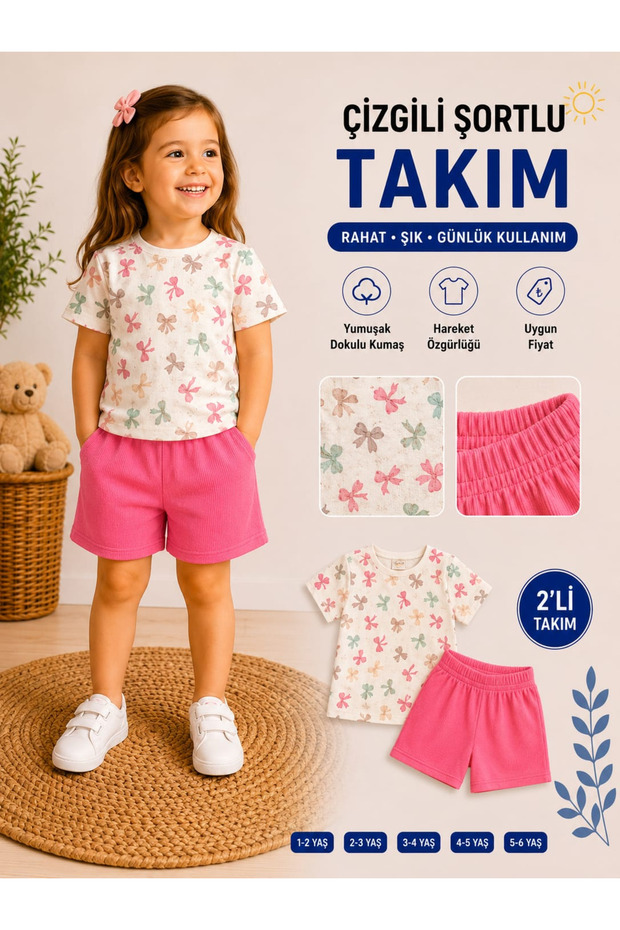 Girl's Bow Printed Shorts Set Short Sleeve Summer Set