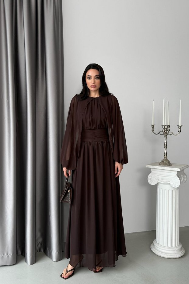 Brown Waist Detailed Tulle Sleeves Lined Long Dress