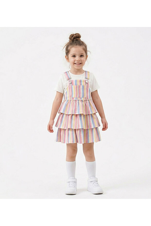 Multicolor Summer Striped Ruffle Gilet and T-Shirt Two-Piece Set