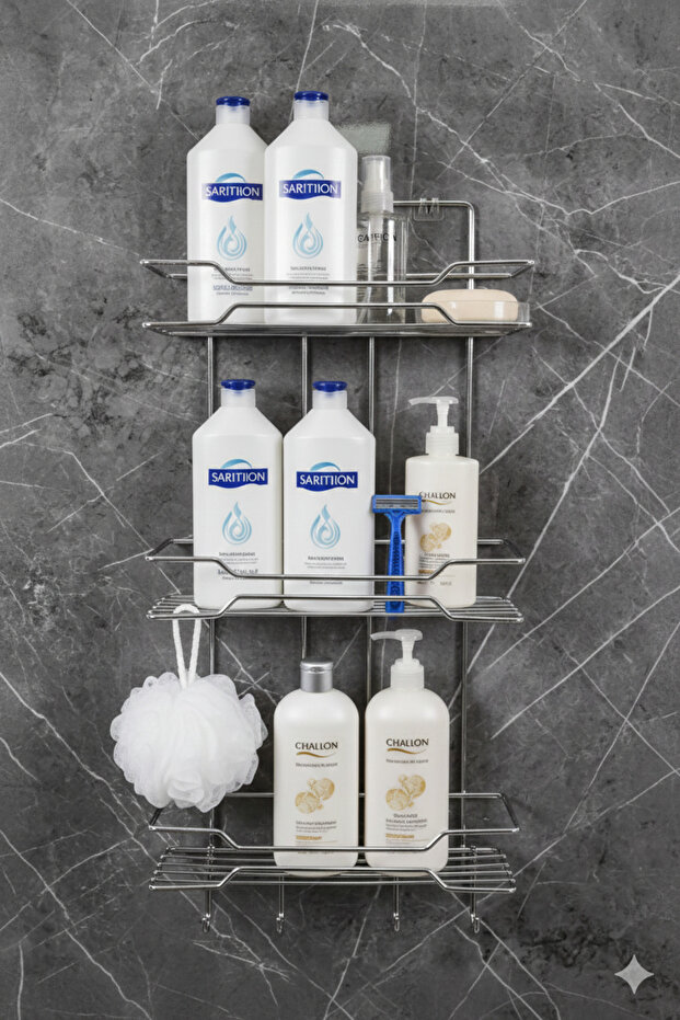 Thick Wire Three-Layer Bathroom Shelf with Adhesive - 1