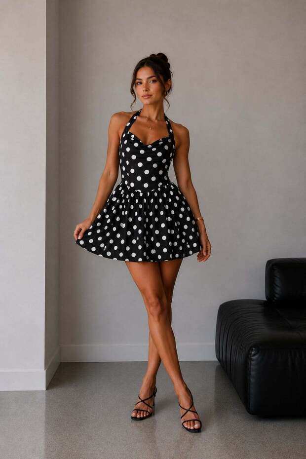 1016 Women's Polka Dot Backless Halter Neck Mini Dress Black