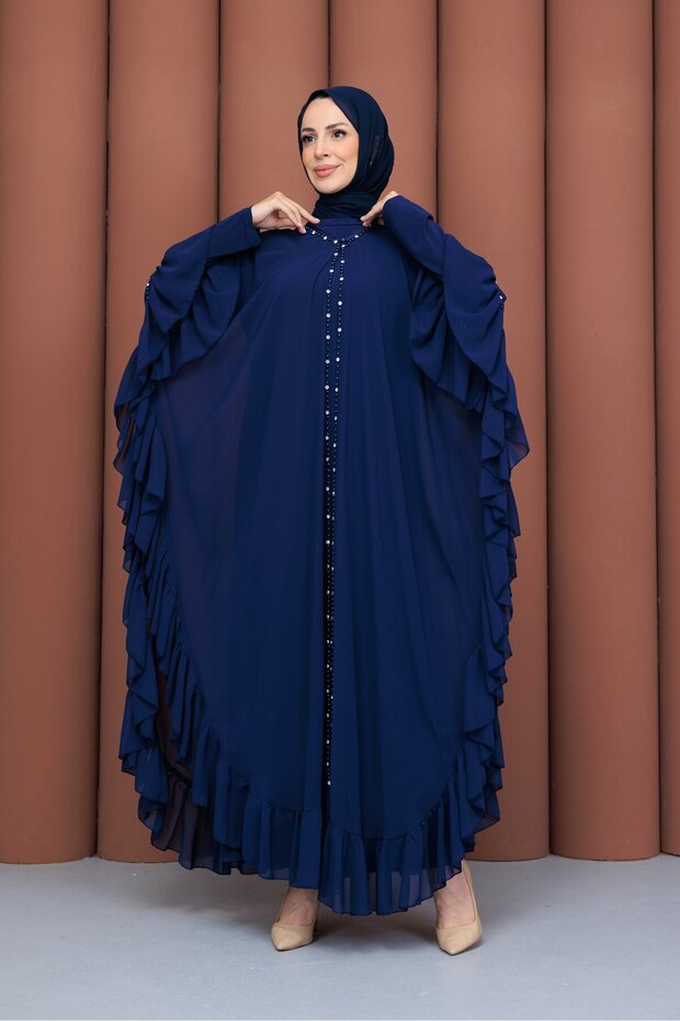 Stone Detailed Chiffon Abaya with Inner Lining in Navy Blue
