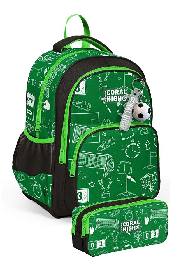 Boy's Three-Compartment Primary School Bag and Pen Holder Set - Green Football Print