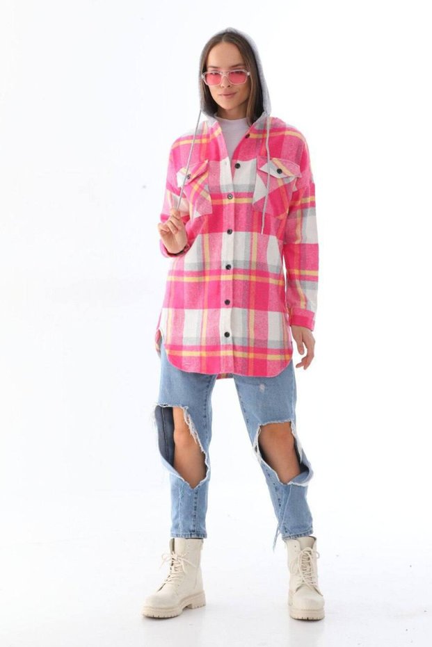Women's Pink Plaid Patterned Hooded Lumberjack Shirt Jacket