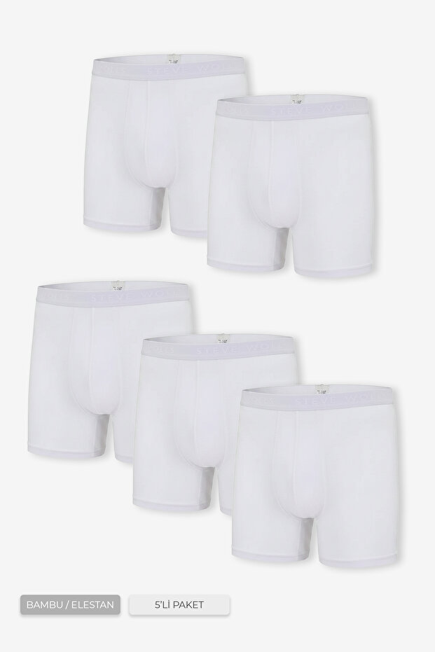 Men's White 5-Piece Long Leg Bamboo Boxers - 25203