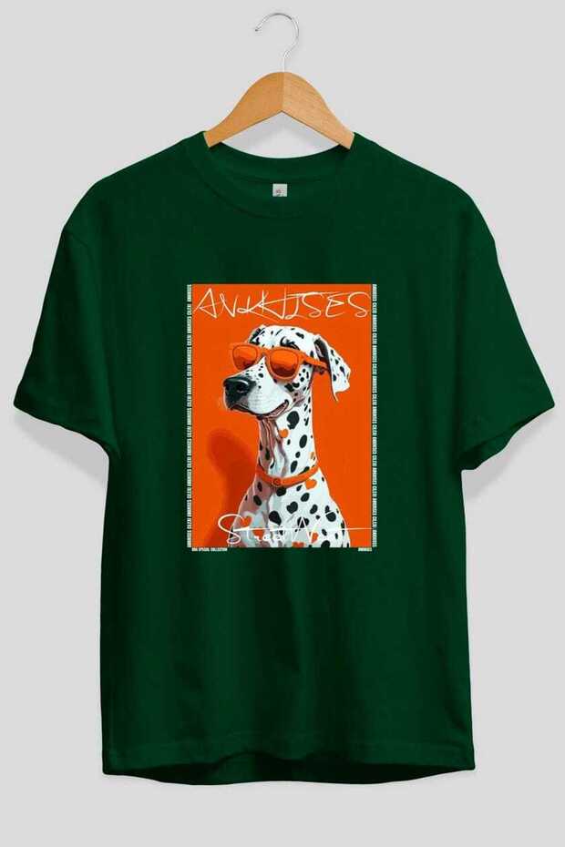 For Dog Lovers 2 Front Dog Print Green Oversize T-Shirt 100% Cotton Unisex Dog Lover Premium Design