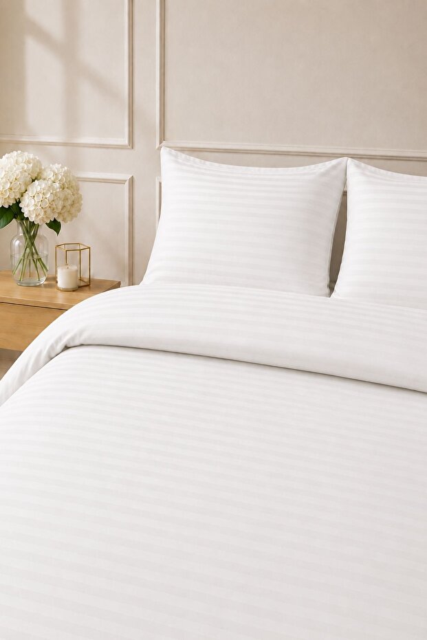 Elif Satin Striped Double Buttoned Duvet Cover Set, Quilt Cover, 100% Cotton, 83Tel