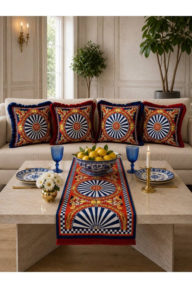Napoli̇ Series, Fringed Suede 5-Piece Combination Throw Pillow Cover and Runner Set