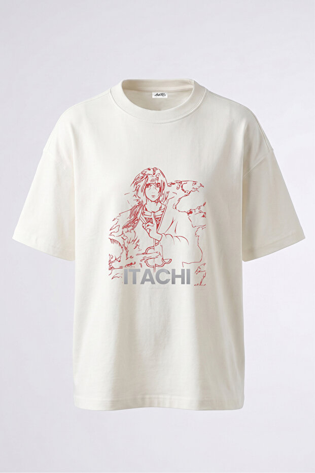 تي شيرت أبيض كبير الحجم من القطن بتصميم Itachi Design مطبوع من الخلف
