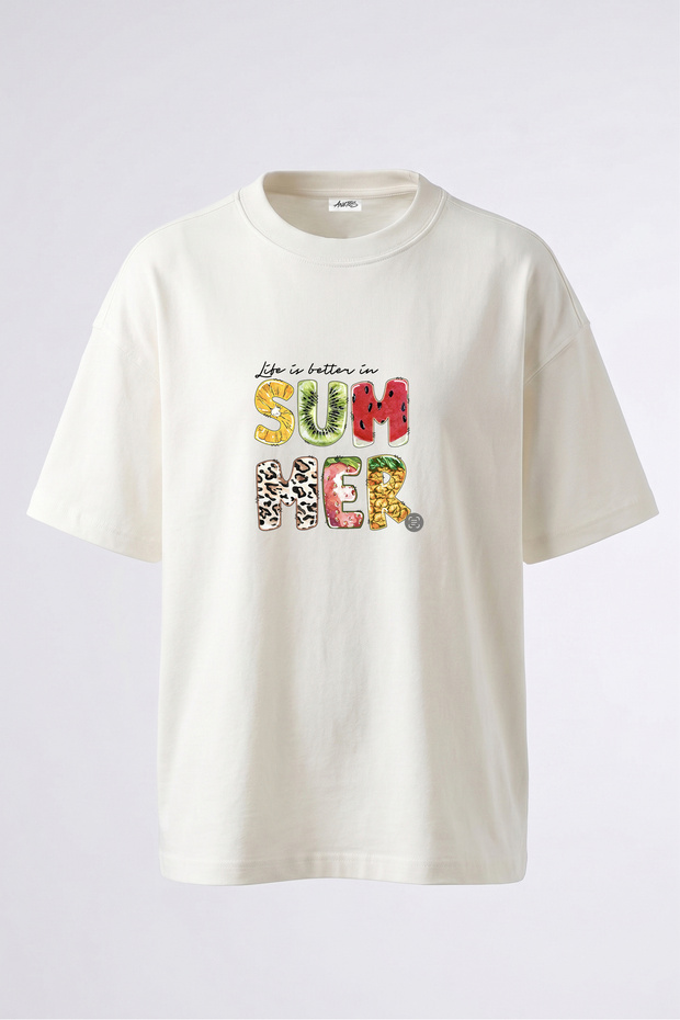 Summer Fruits Design Back Printed Cotton White Oversize T-Shirt