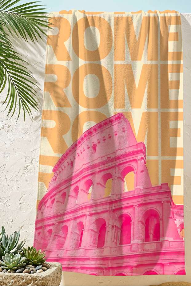 Rome Themed City View Beach Towel - Italian Modern Pink Orange Quick-Dry Microfiber Towel
