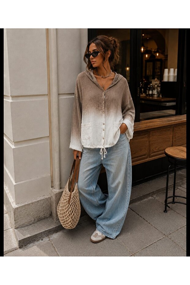 Women's Tie-Dye Patterned Mesh Detailed Hooded Lace-Up Buttoned Loose Linen Shirt Jacket