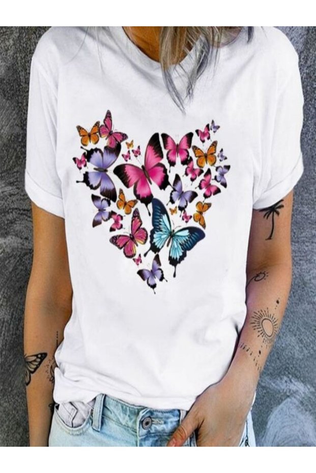White Oversize T-Shirt with Colorful Butterfly Pattern