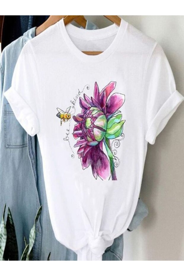 Flower and Bee Printed White T-Shirt