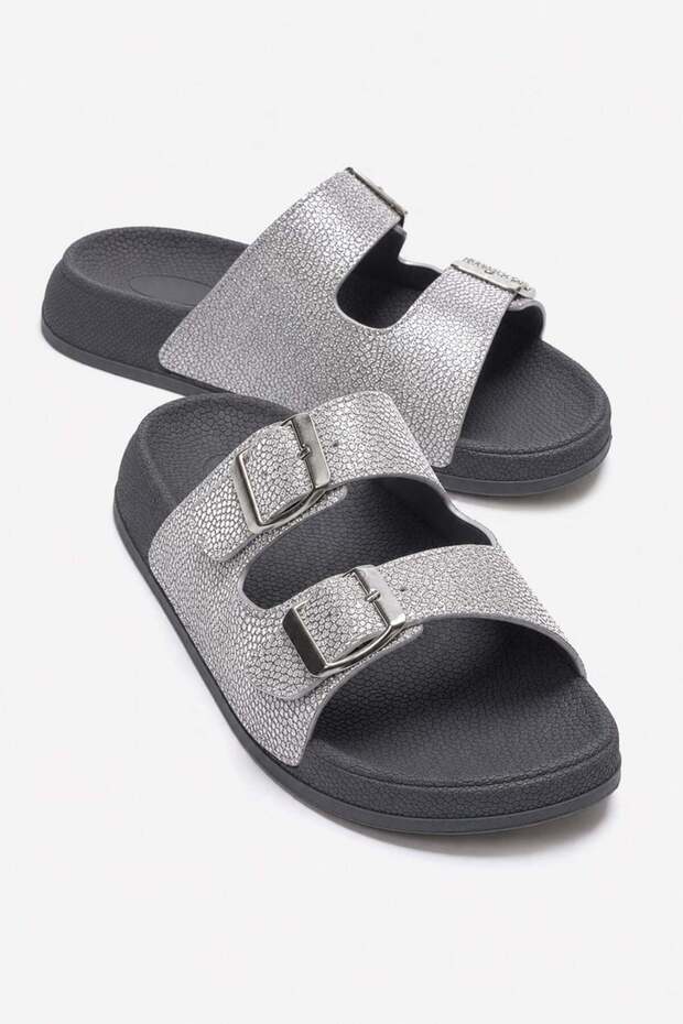 Women's Silvery Double Buckle Slippers Fume