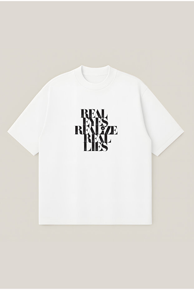 Real Eyes Realize Real Lies Oversize Boxy Cut Unisex 100% Cotton Printed Tshirt | Streetwear