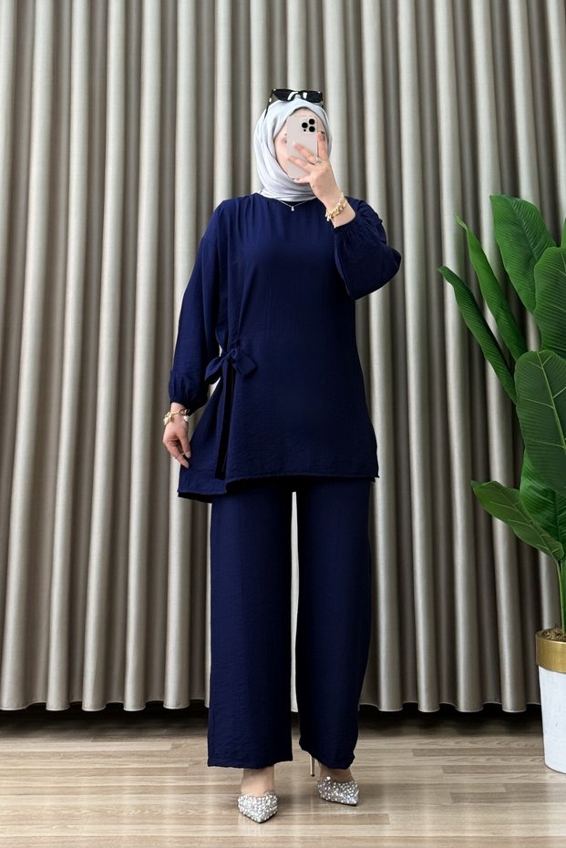 Leyla Takim Strawberry Fabric Women's Navy Blue Side Tie Detail Elastic Sleeves Two-Piece Set with Hijab Pants