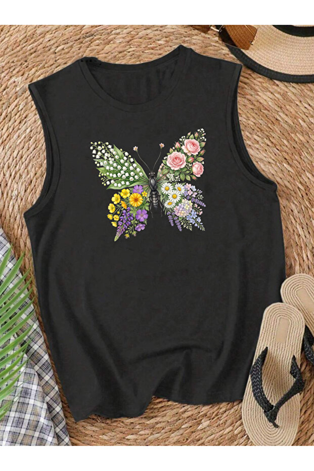 Flower Winged Butterfly Printed Regular Sleeveless Athlete Crew Neck Women's Tshirt