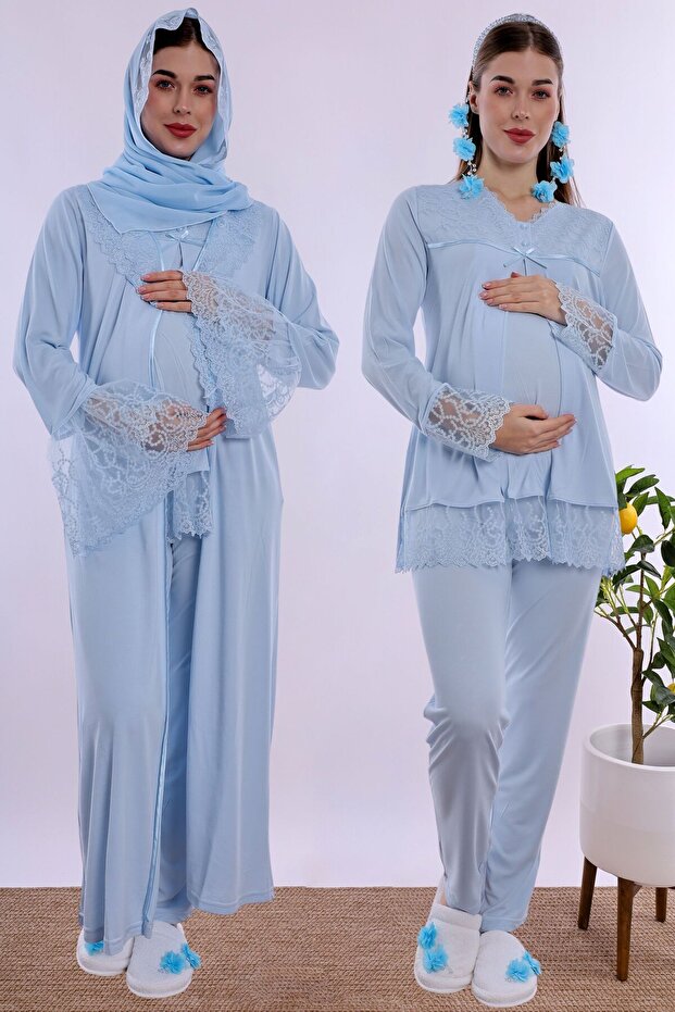 Hijab-Friendly Cotton Maternity Pajama and Robe Set Effortt - Blue