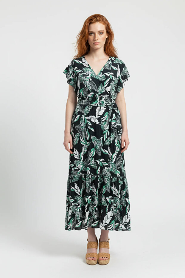 Short Sleeve Floral Double Breasted Collar Midi Dress