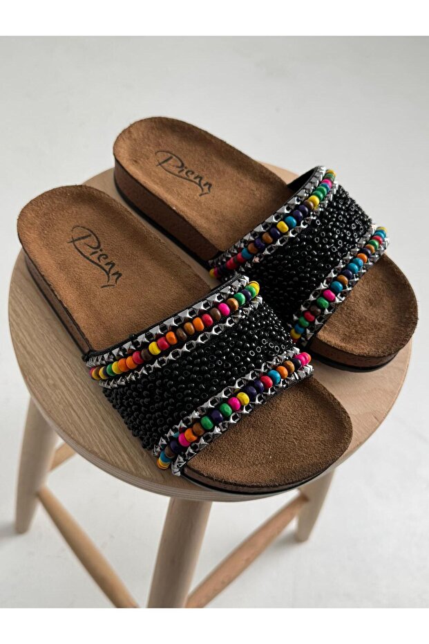 Black and Colorful Wooden Beaded Sole Suede Slippers