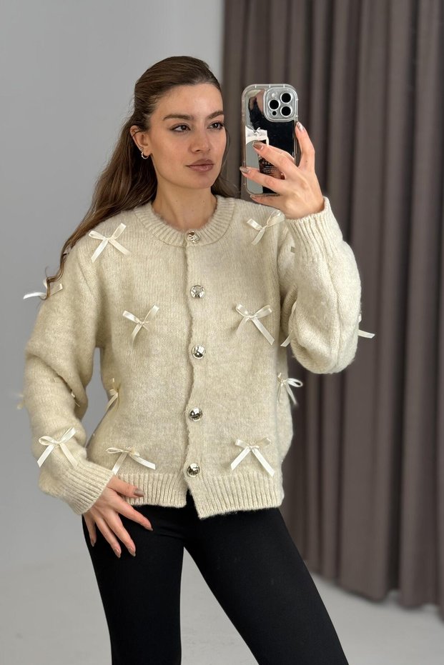 Women's beige knitted cardigan with gold button and ribbon detail