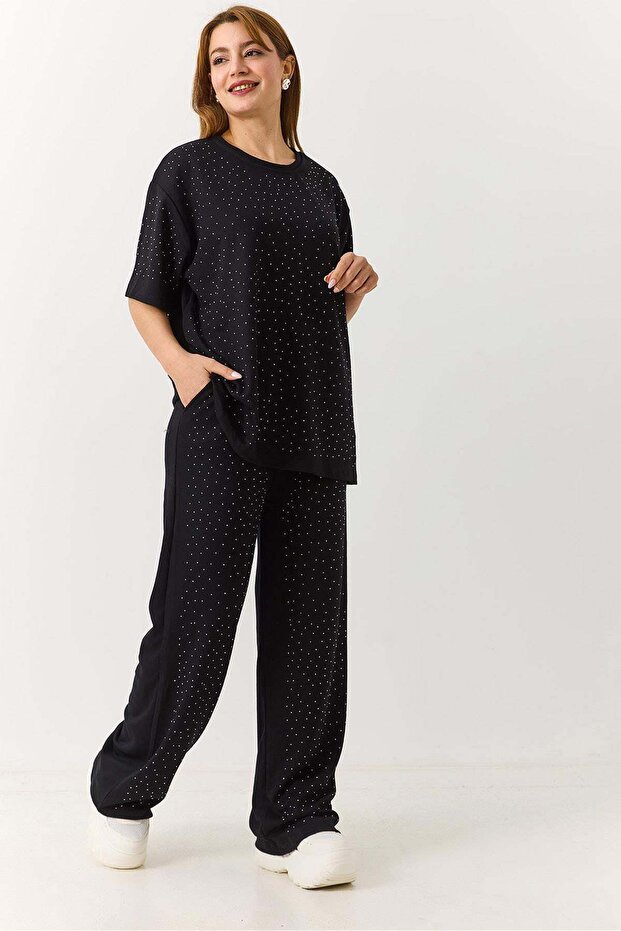 Women's stone detailed oversize tracksuit set black