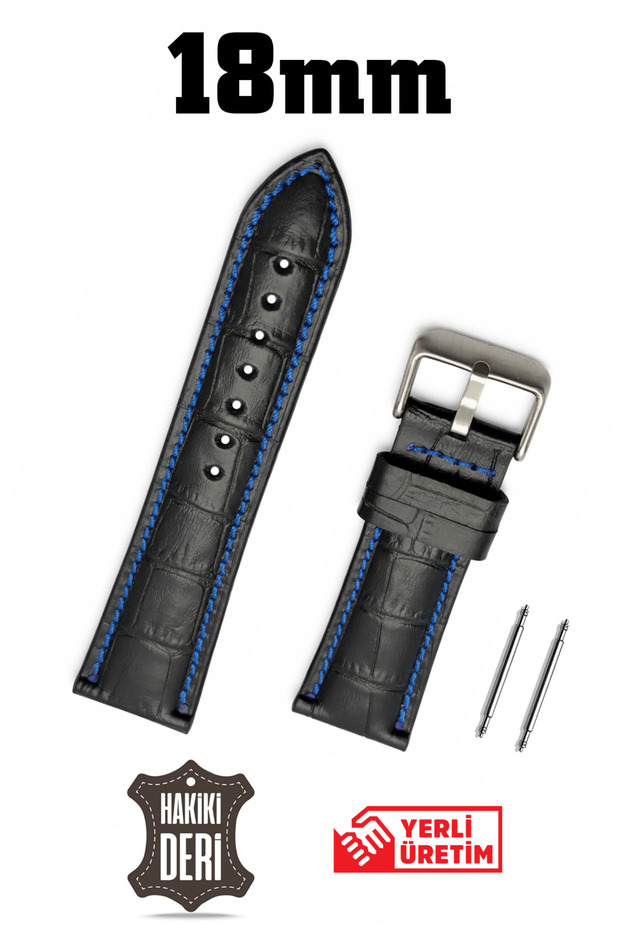 18mm Black Crocodile Blue Stitched Genuine Leather Watch Band Strap