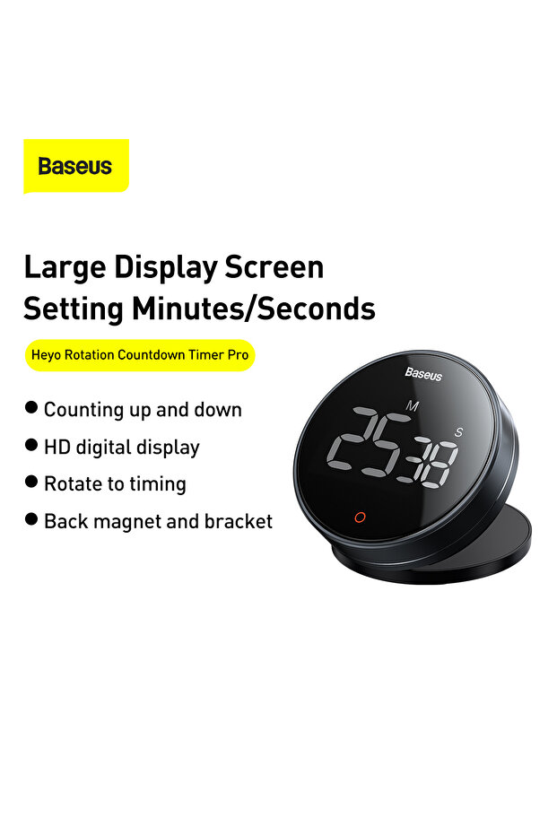 Digital Rotation Countdown Kitchen Timer with LED Display, Magnetic Holder, Volume Control, Stopwatch & Countdown – Grey - 2