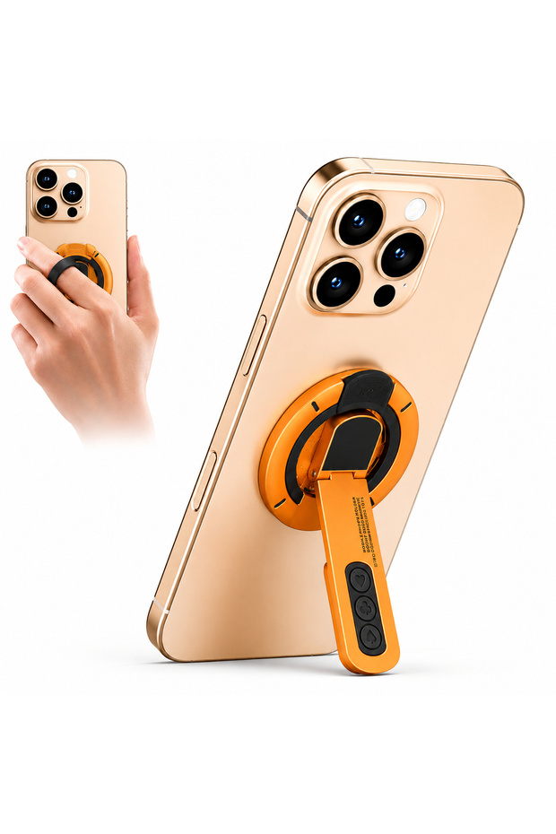 3-in-1 Magnetic Phone Ring Holder, 360° Rotating Grip Stand, Foldable Kickstand, Stress Relief Beads, Hands-Free MagSafe Phone Mount -Orange