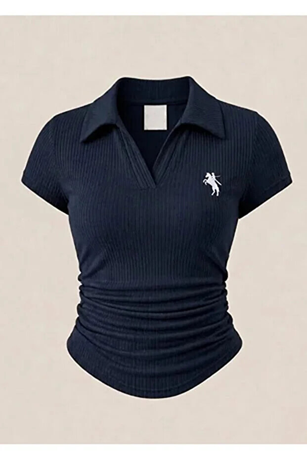Navy Blue Vintage Embroidery Detailed Draped Polo Collar Lycra Blouse