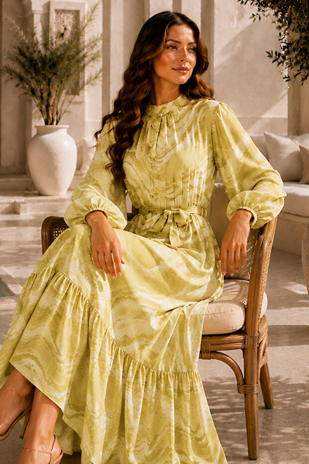 Balon Kol Printed Hijab Dress A3008 Lemon Yellow