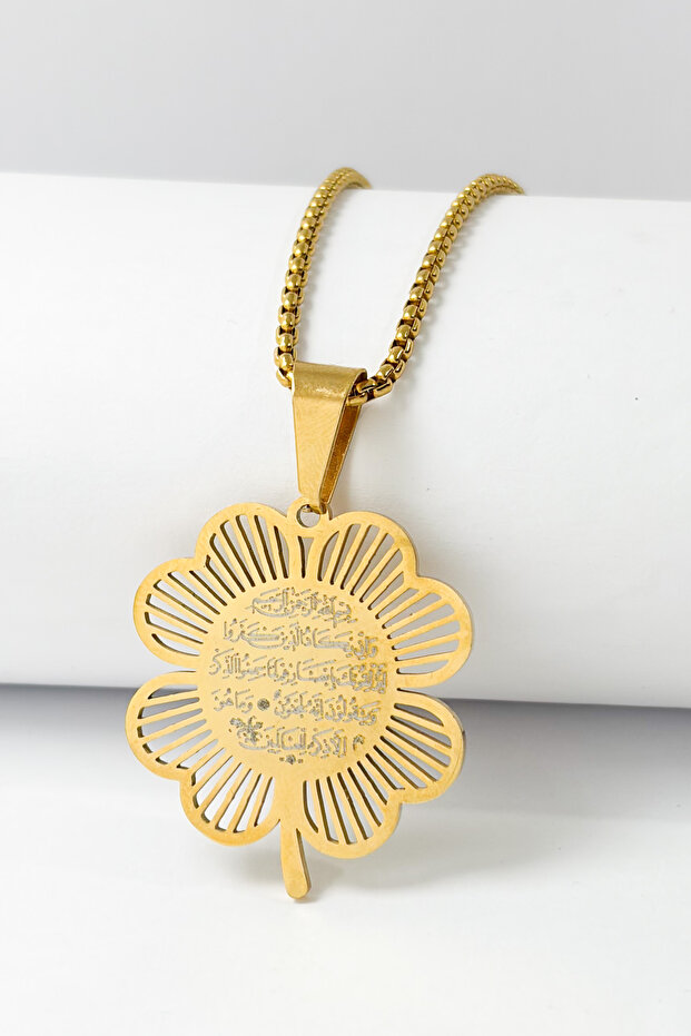 Gold Color Evil Eye Verse & Ottoman Monogram Clover Design Thick Doc Chain Stainless Steel Necklace